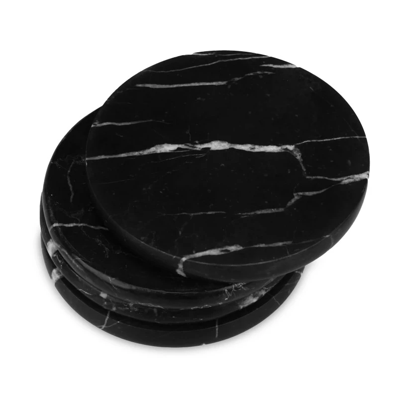 Set of 4 Black Marquina Round Marble Coaster