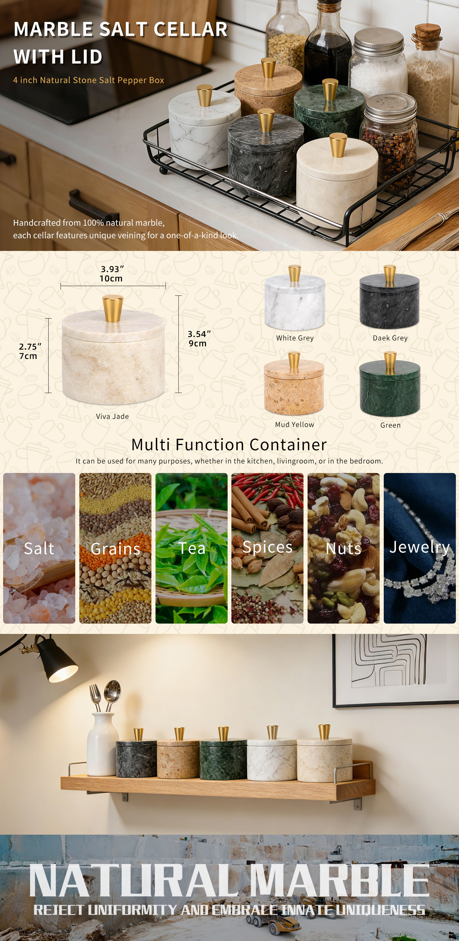 Viva jade marble salt cellar  with the metal handle