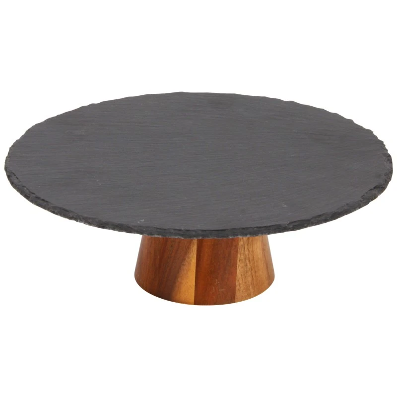 1 Tier Round Slate  Cake Stand With Acacia Wooden Base, Assembled