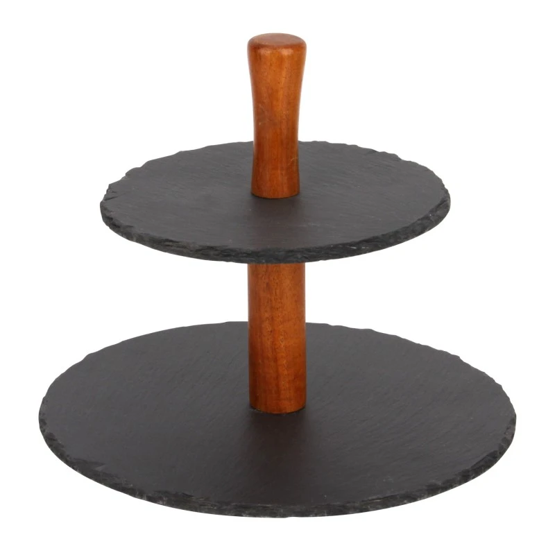 2 Tiers Round Slate Cake Stand With Acacia Holders,Rough Edge, Unassembled