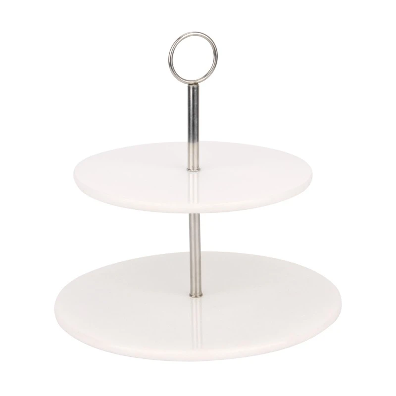 2 Tiers Round White Marble Cake Stand With Silver Ss Holders, Unassembled