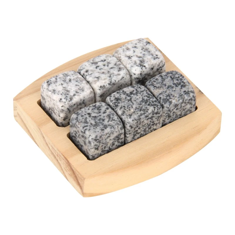 Set of 6 Square Granite Whisky Stone with  Pine Wooden Base