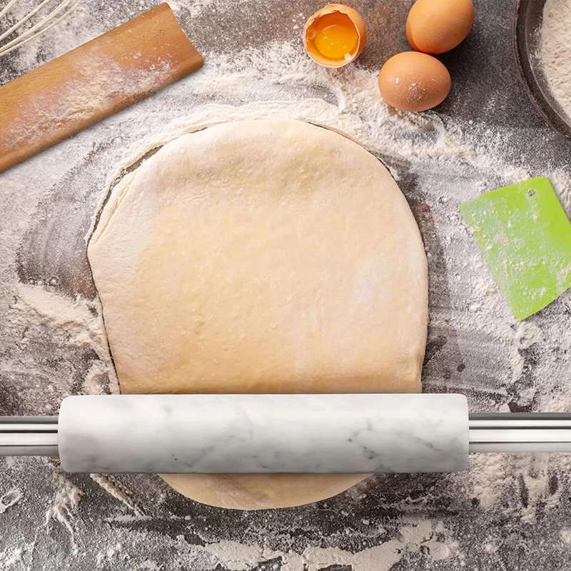 White Grey Marble Rolling Pin With Gold Metal Handles and Acacia Base