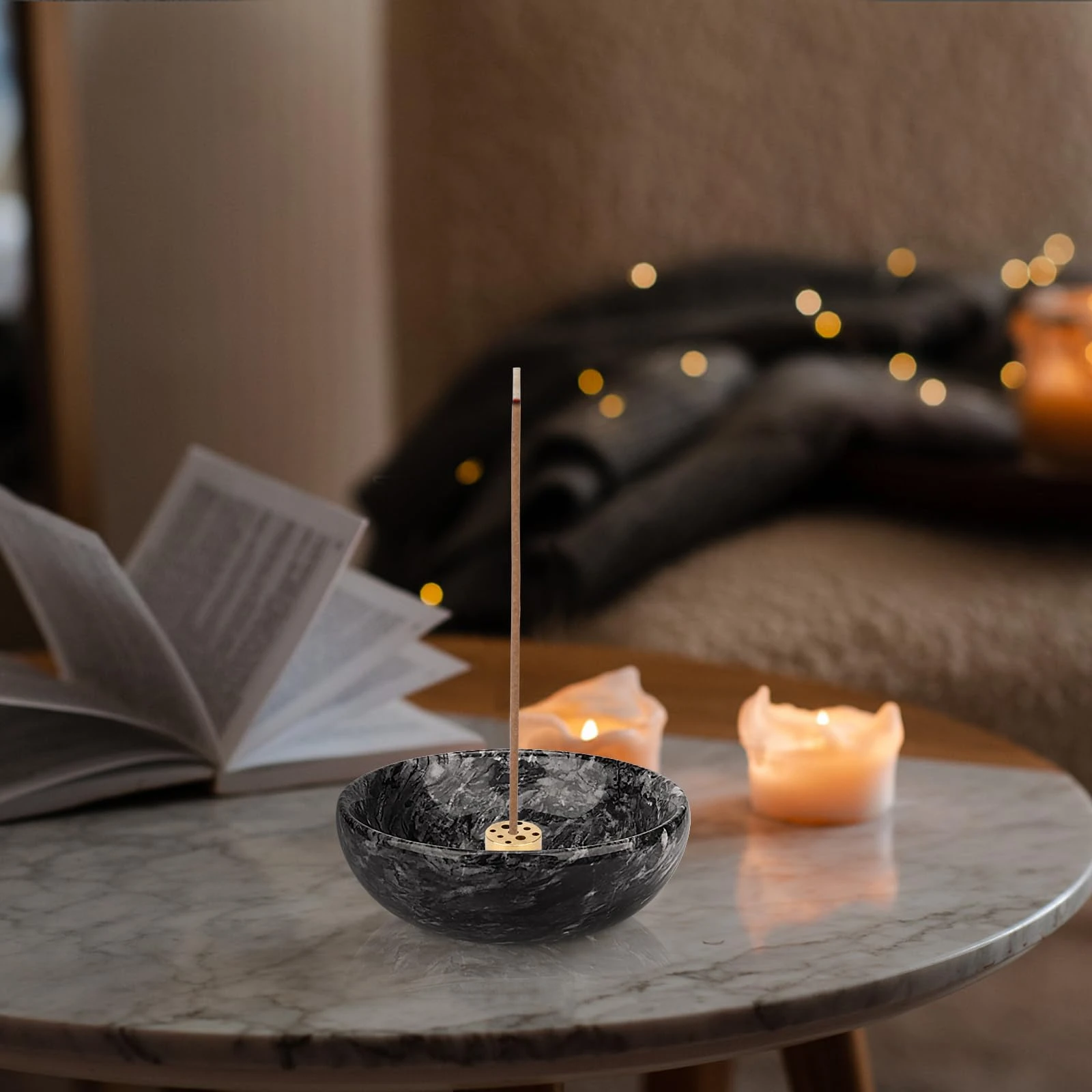 Round Dark Grey Marble Incense Holder for Sticks