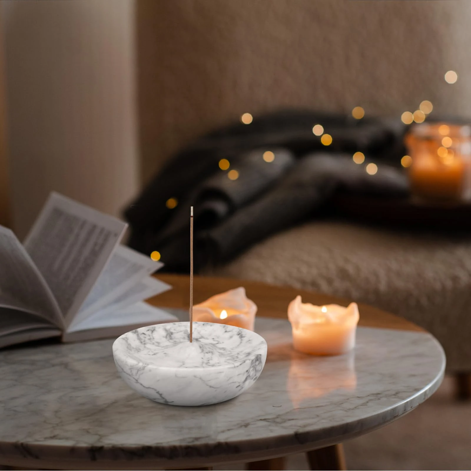 Round White grey Marble Incense Holder