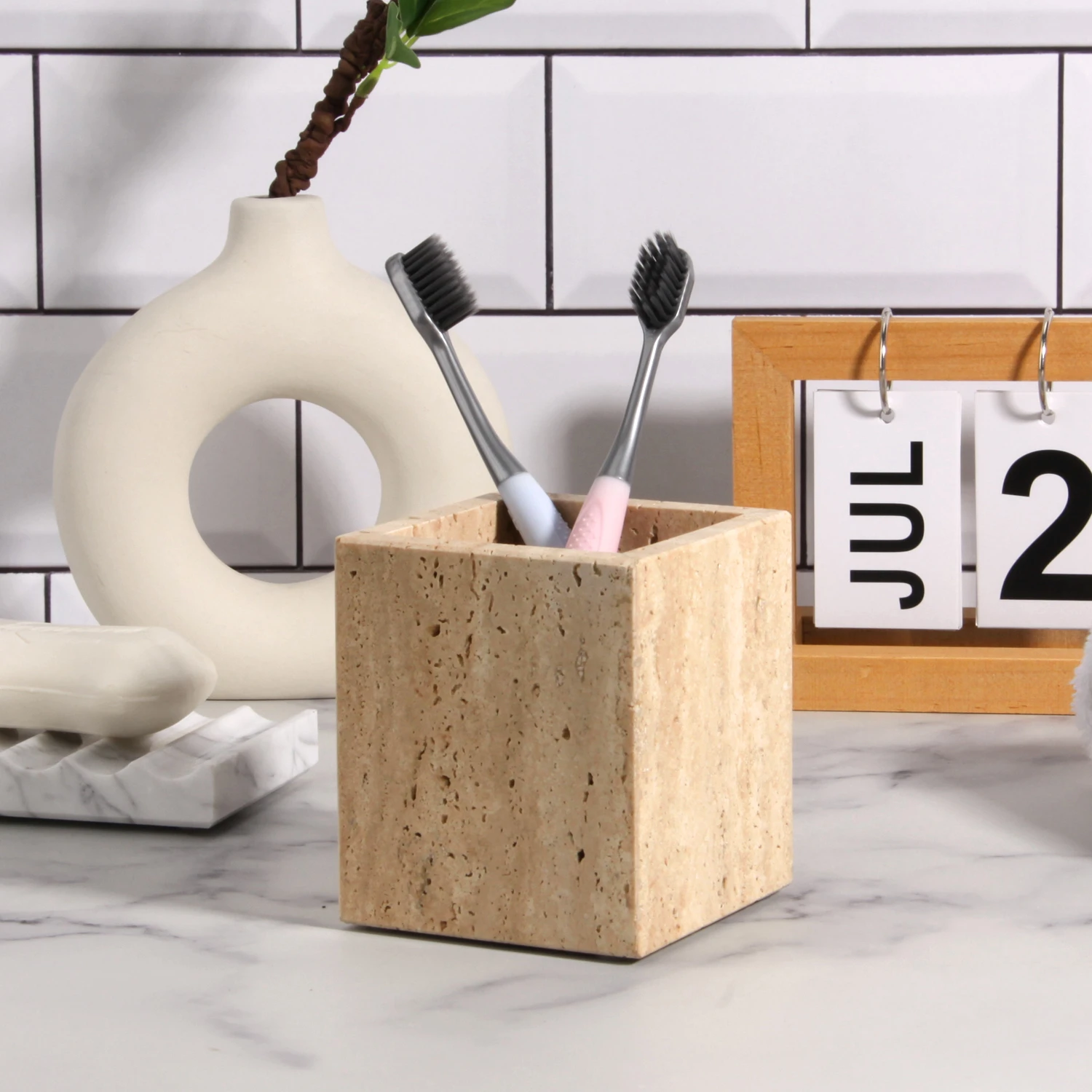 Beige travertine marble pen toothbrush holder