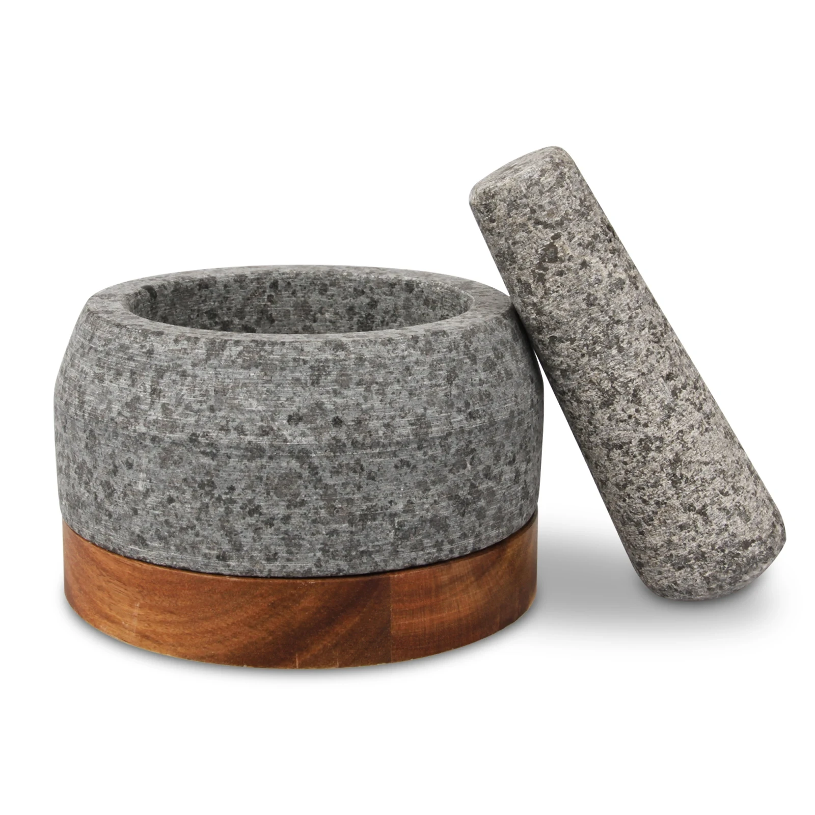 Matt surface granite mortar and pestle with acacia holder 14x9.5