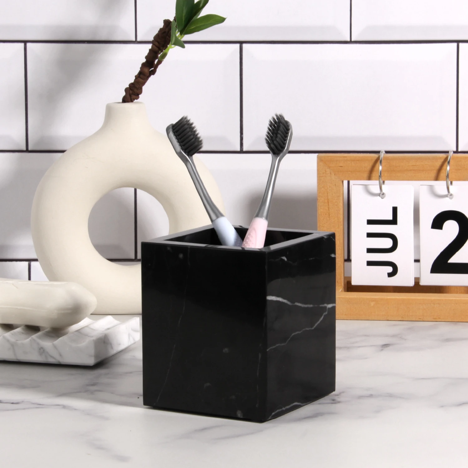 Black Marquina travertine marble toothbrush holder