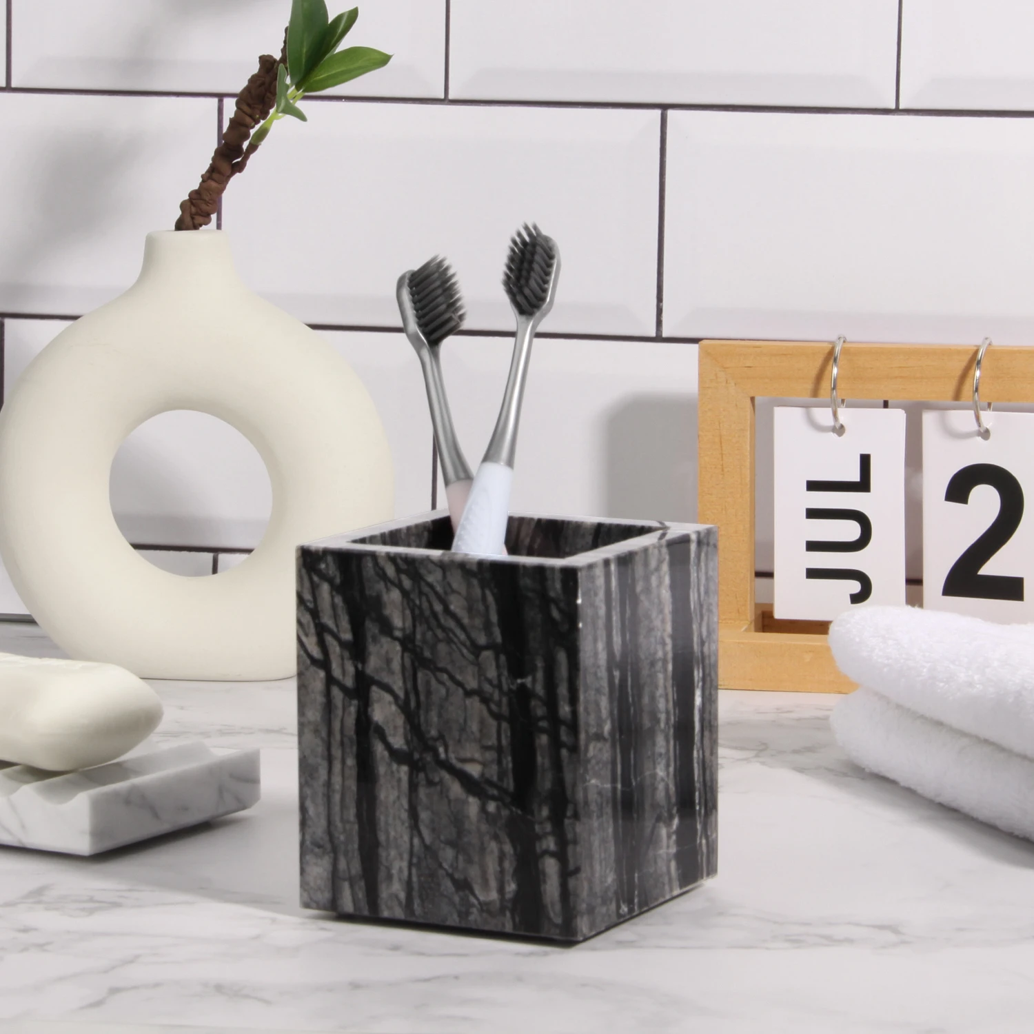 Square ancient wood grain marble toothbrush  holder