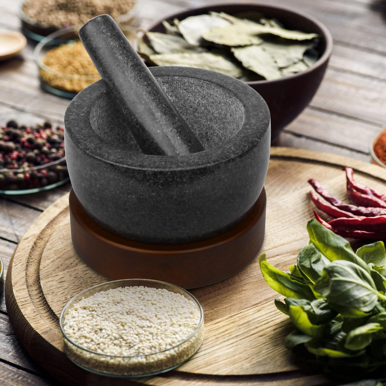 Granite mortar and pestle  with acacia holder 14.5x10cm