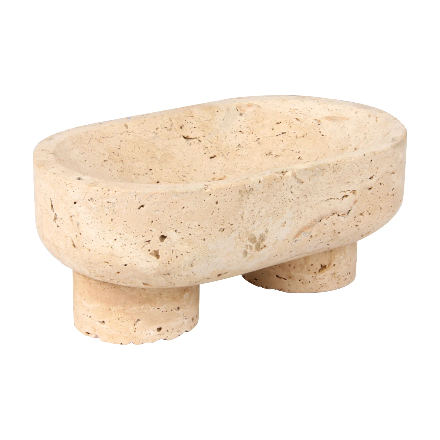 oval beige travertine marble fruit tray with two legs