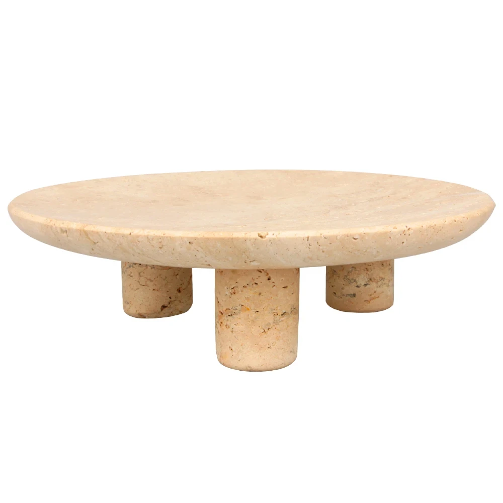 Round beige travertine marble fruit  tray with 3 legs