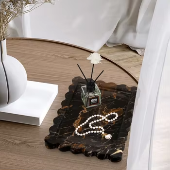 Luxury Portoro rectangle marble tray with wave edge