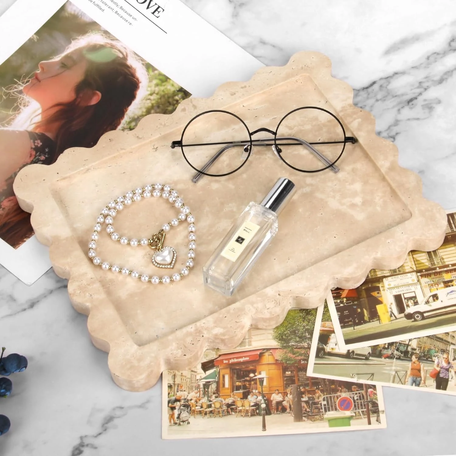 Beige travertine tray with wave edges