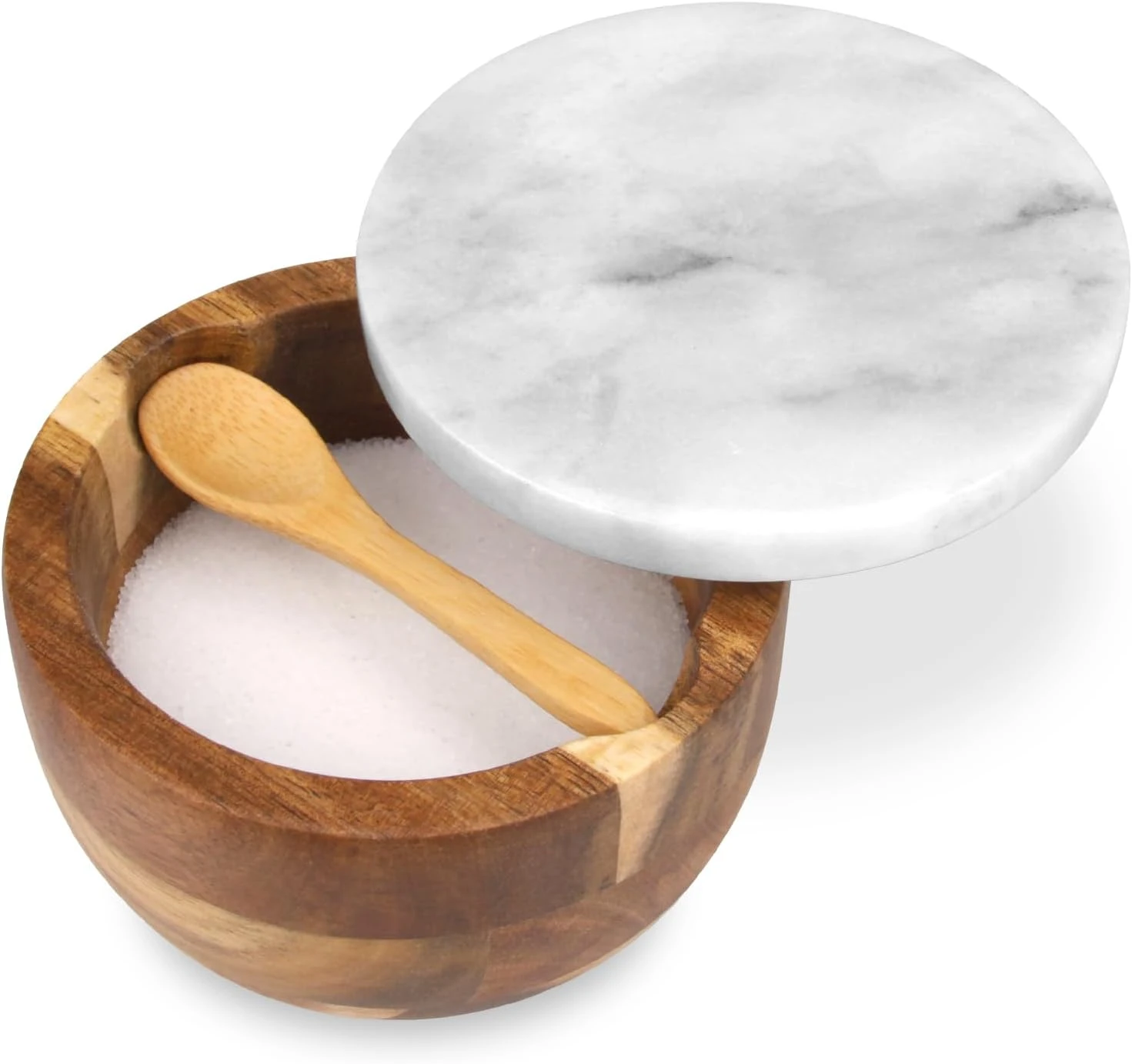 Acacia wood salt cellar with white grey marble lid and wood spoon