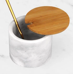 Grey marble salt cellar with wood lid and Golden stainless steel spoon