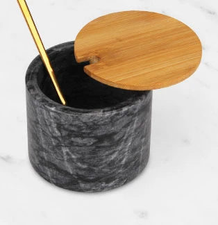 Dark grey marble salt cellar with acacia lid and Golden stainless steel spoon