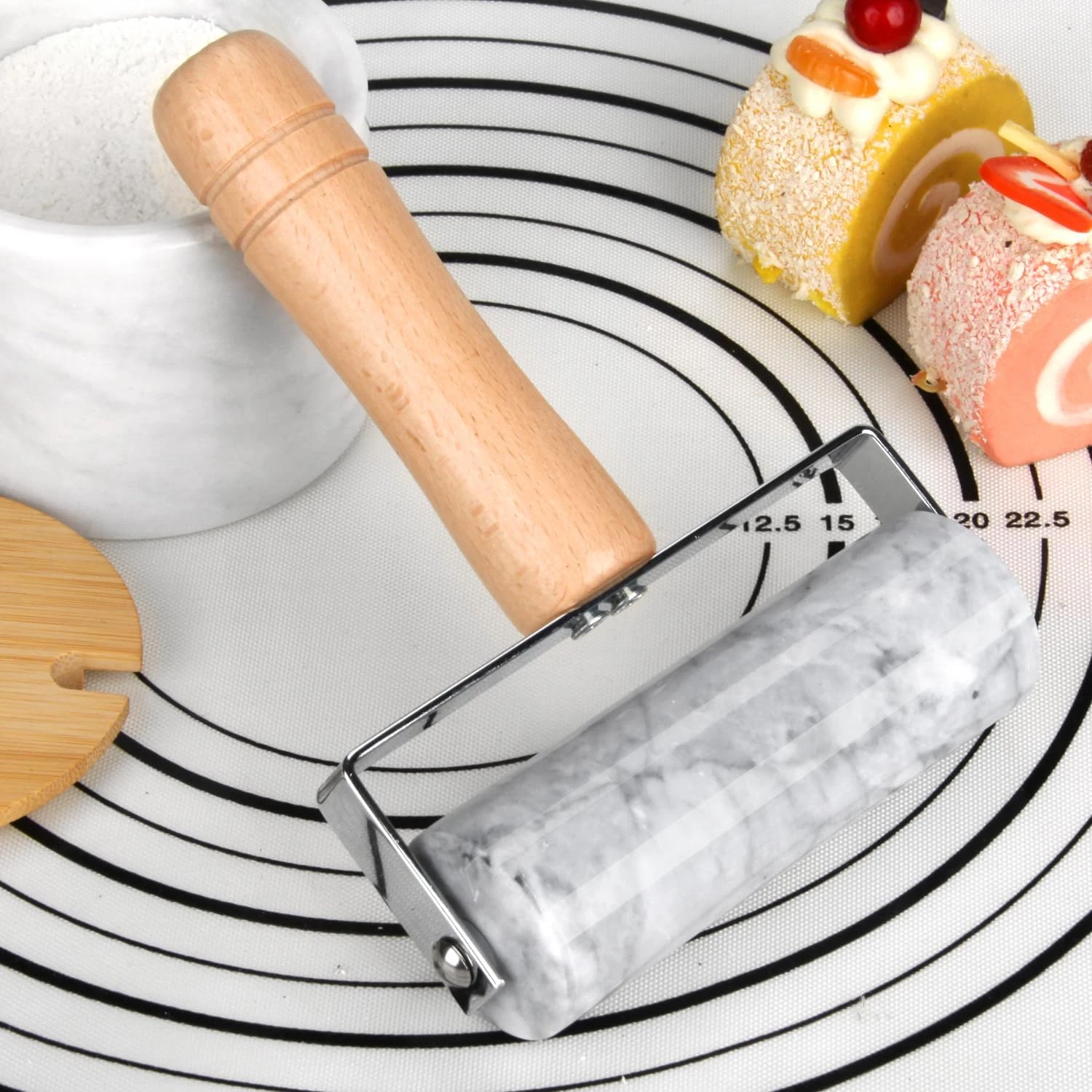 white grey marble rolling pin with wood holder