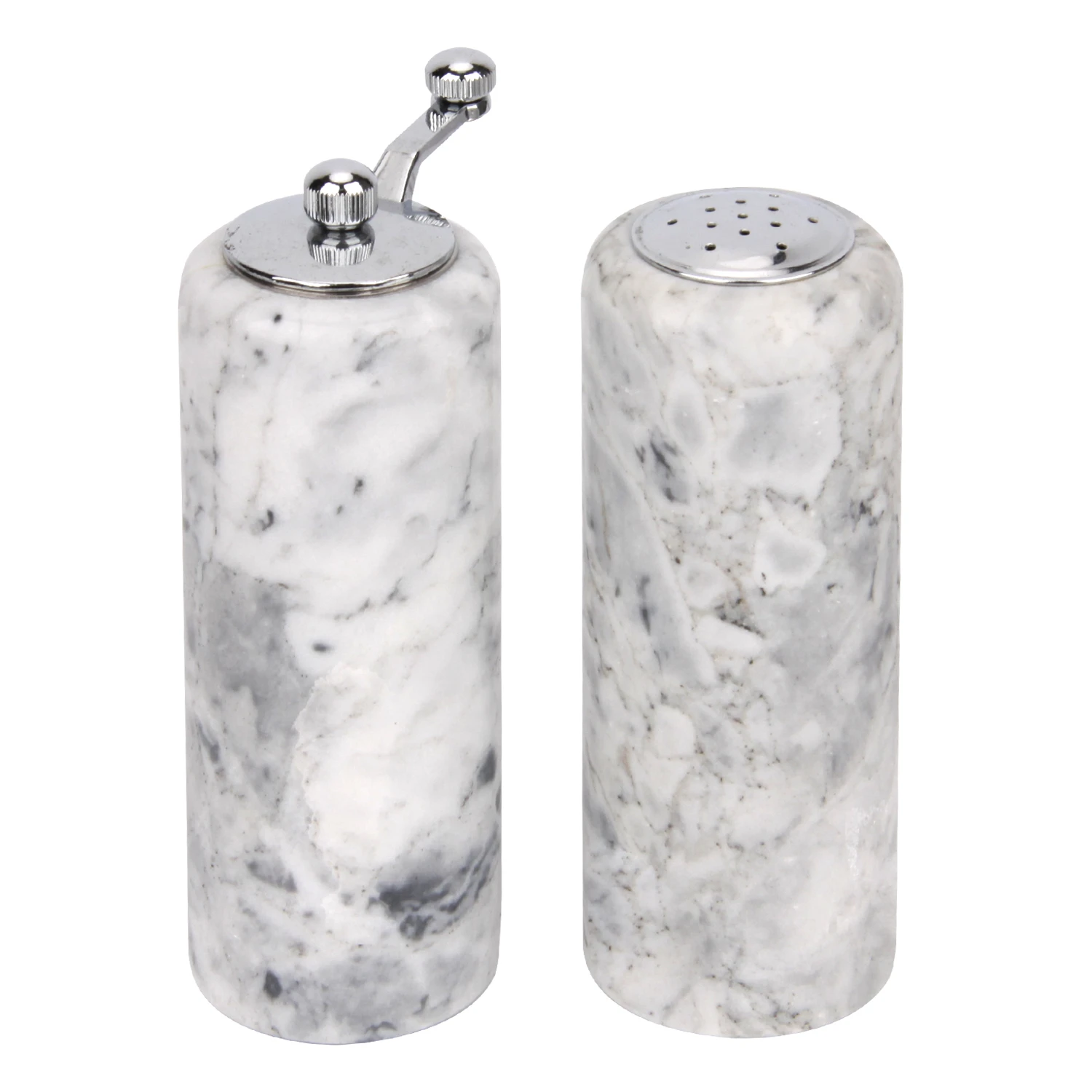 Set of 2 white grey marble salt shaker and pepper mill