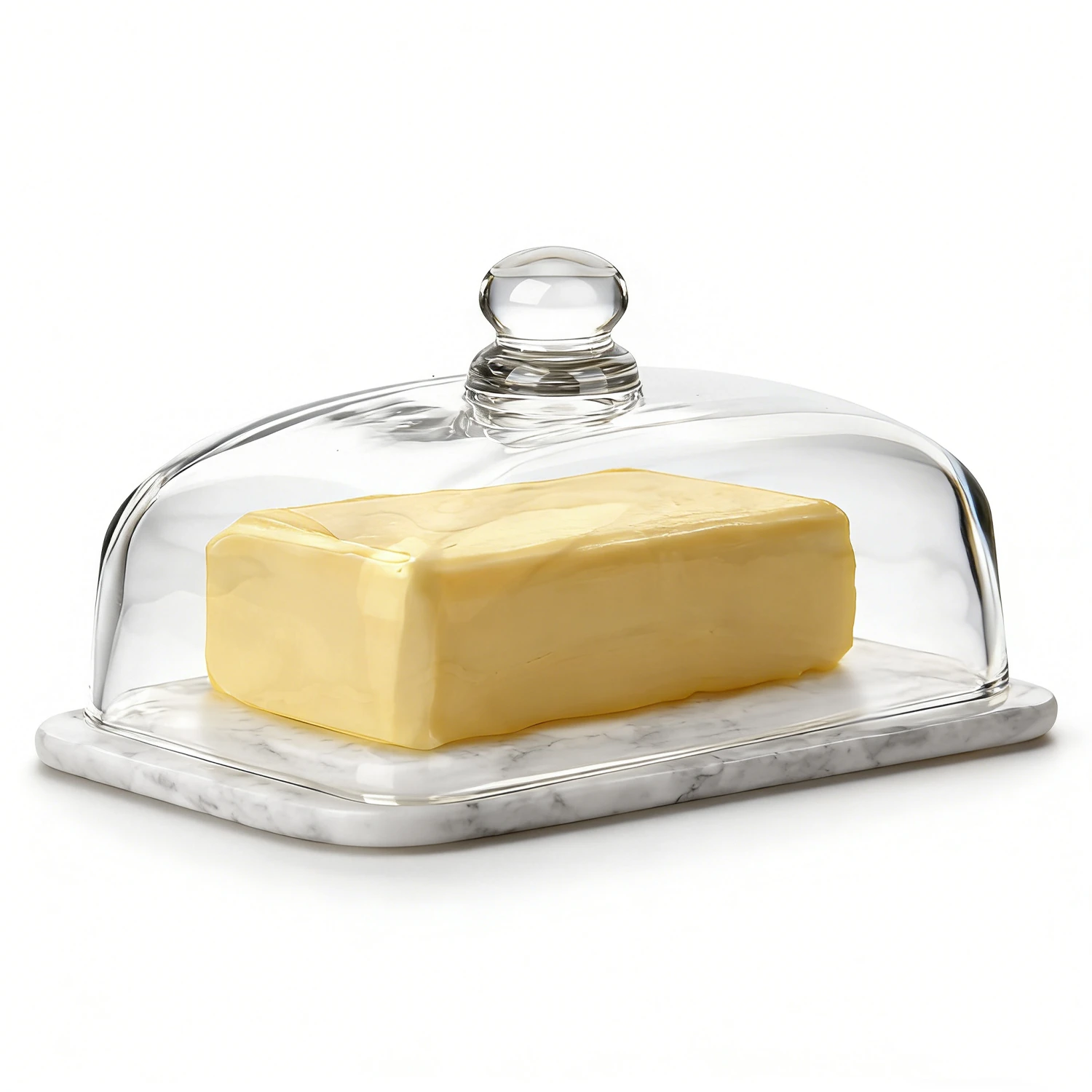 White grey marble butter keeper with glass dome