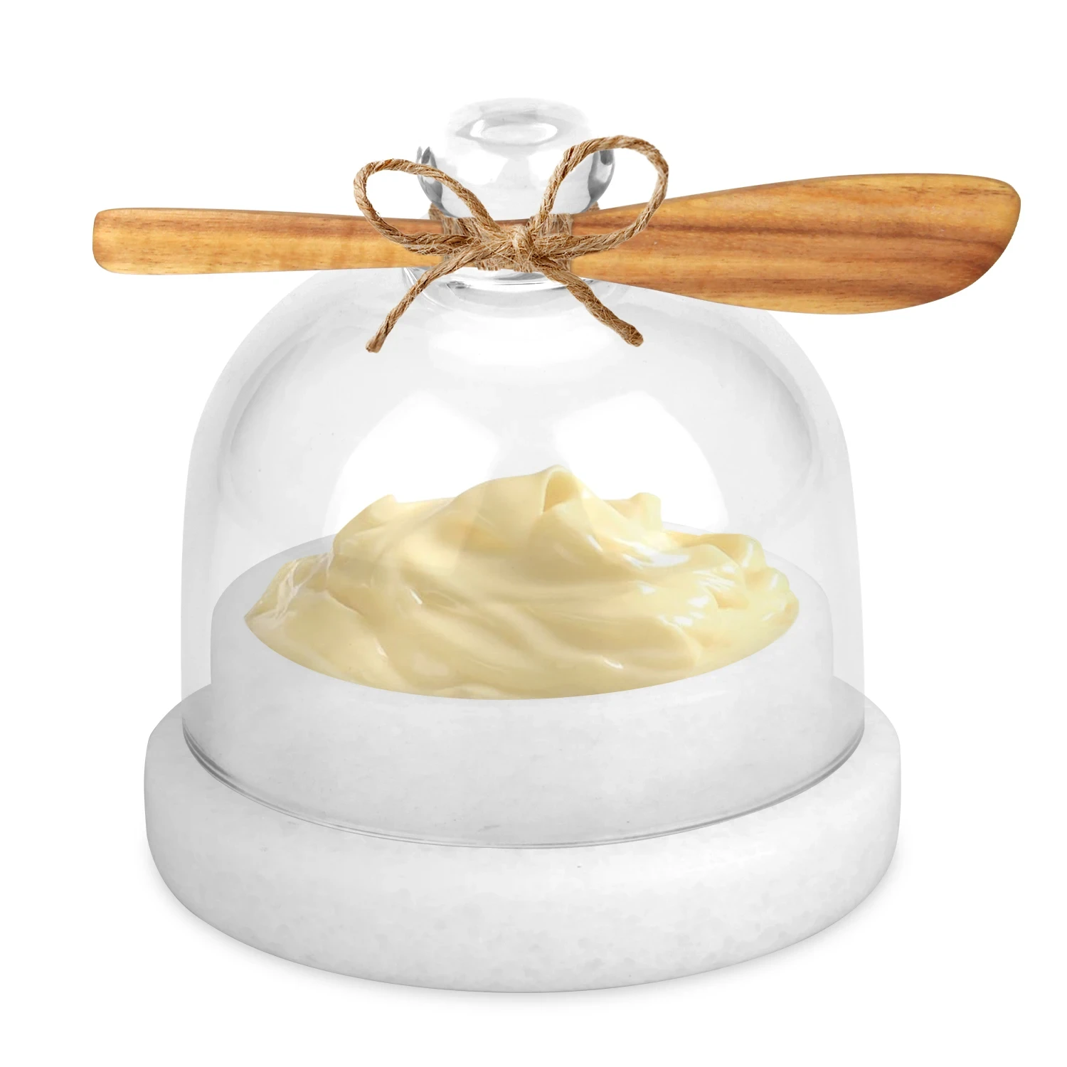 White grey marble butter keeper with glass dome