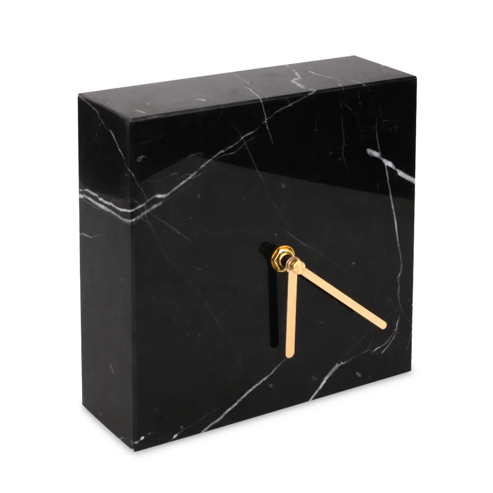 Black  square marble table clock with golden hour marks without battery