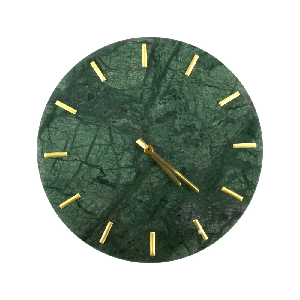 Green marble wall clock with golden hour marks without battery