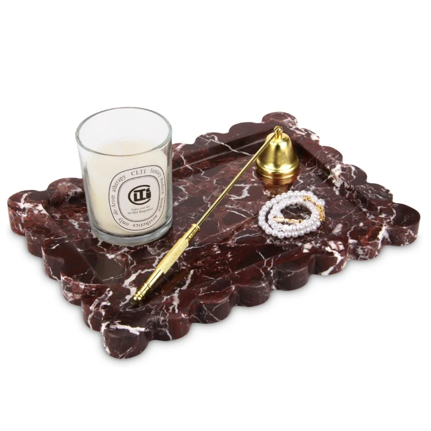 Luxury Rosso Levanto rectangle marble tray with wave edge