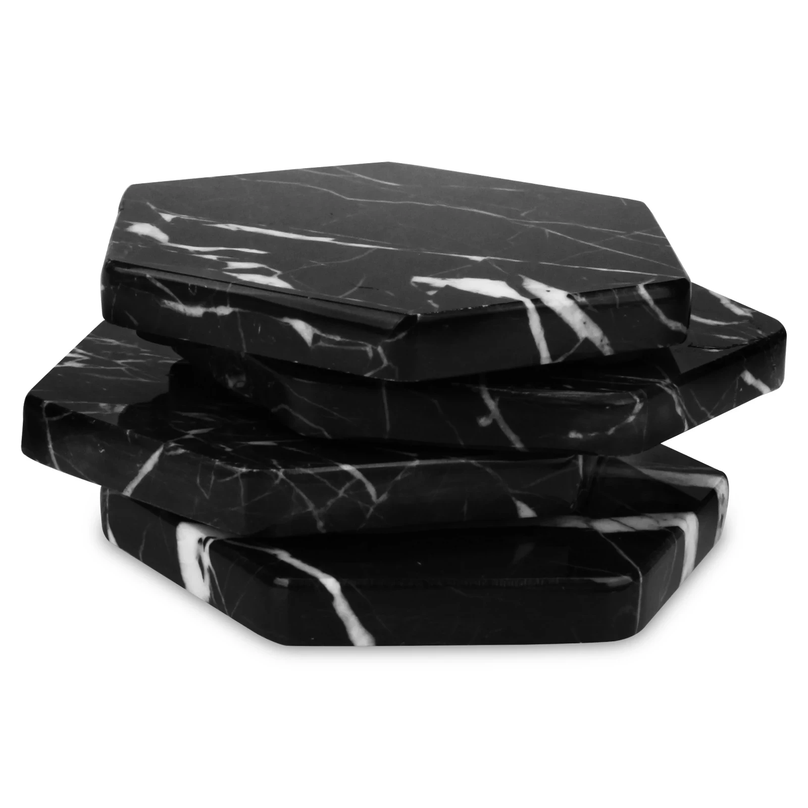 Set of 4 Black Marquina line marble hexagon coasters