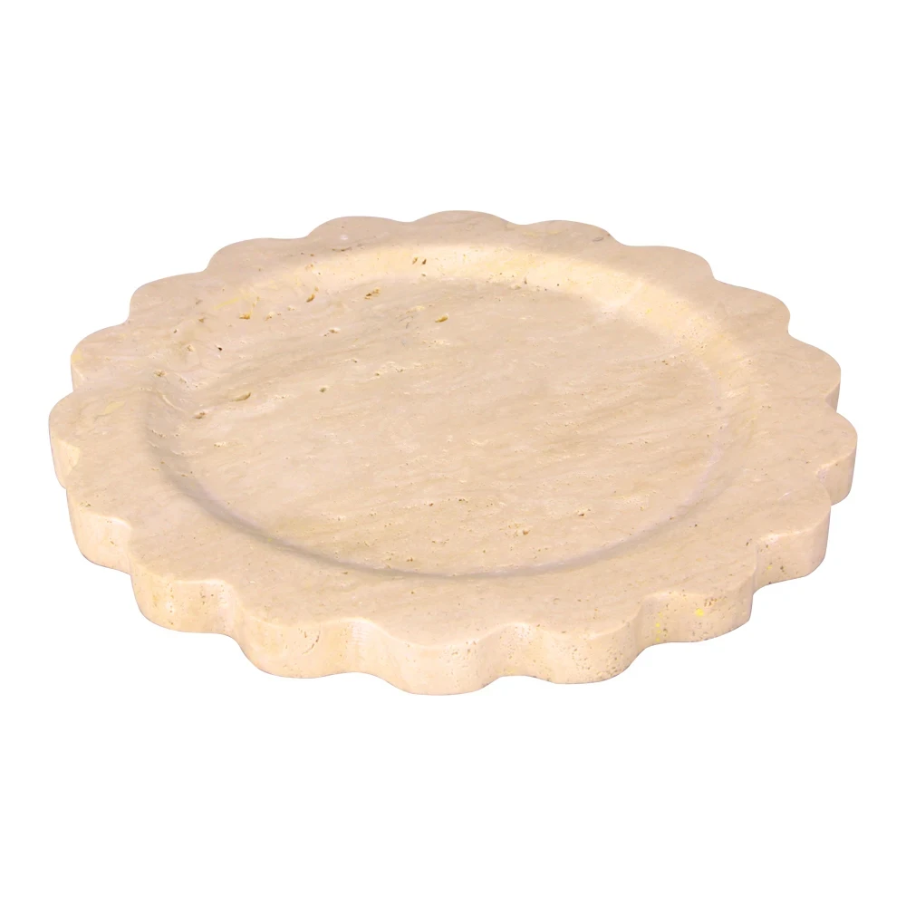 Beige travertine round tray with wave edges