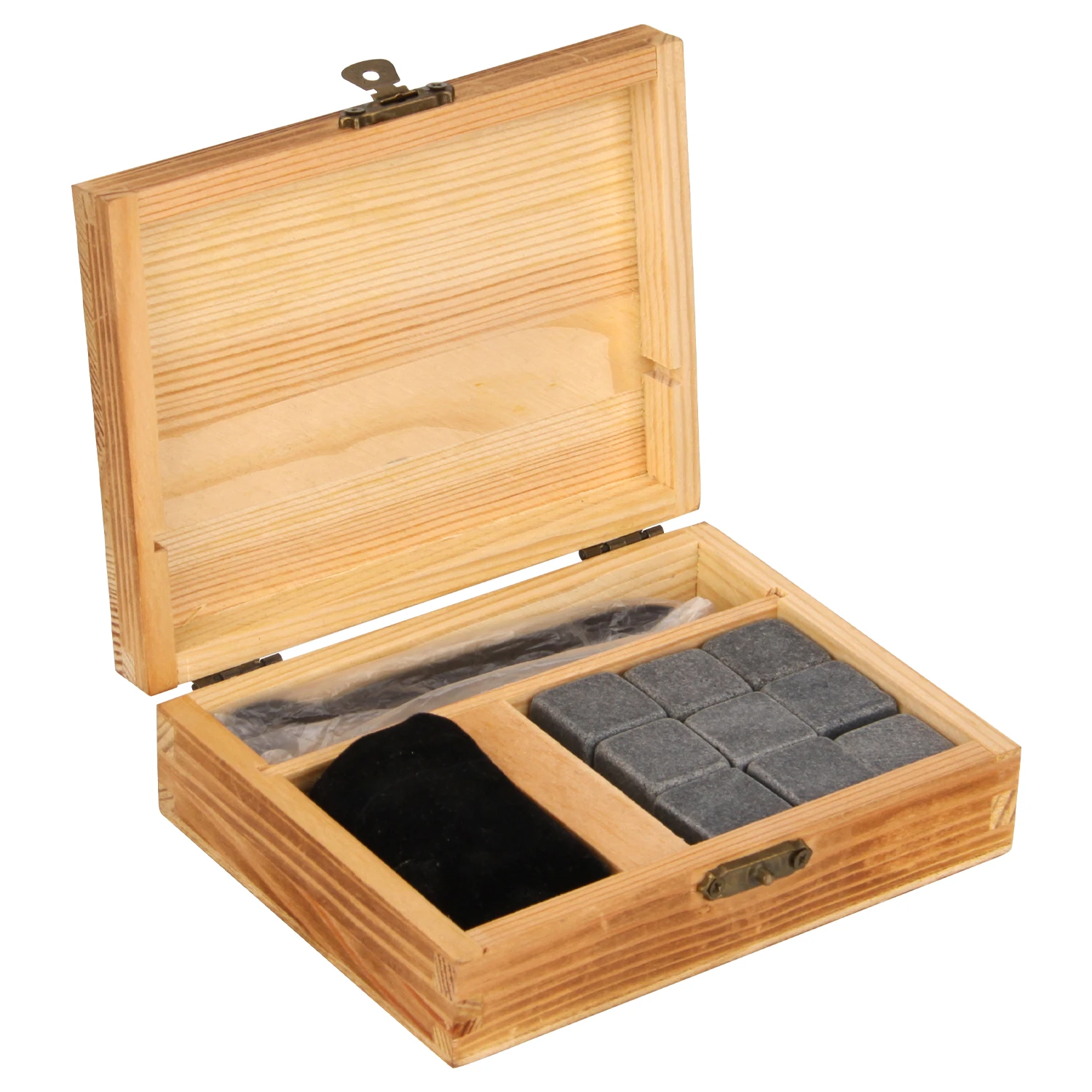 Set of 9 square marble whisky stone w/ 1pc velvet bag and 1pc ice clip and pine wooden box w/ laser