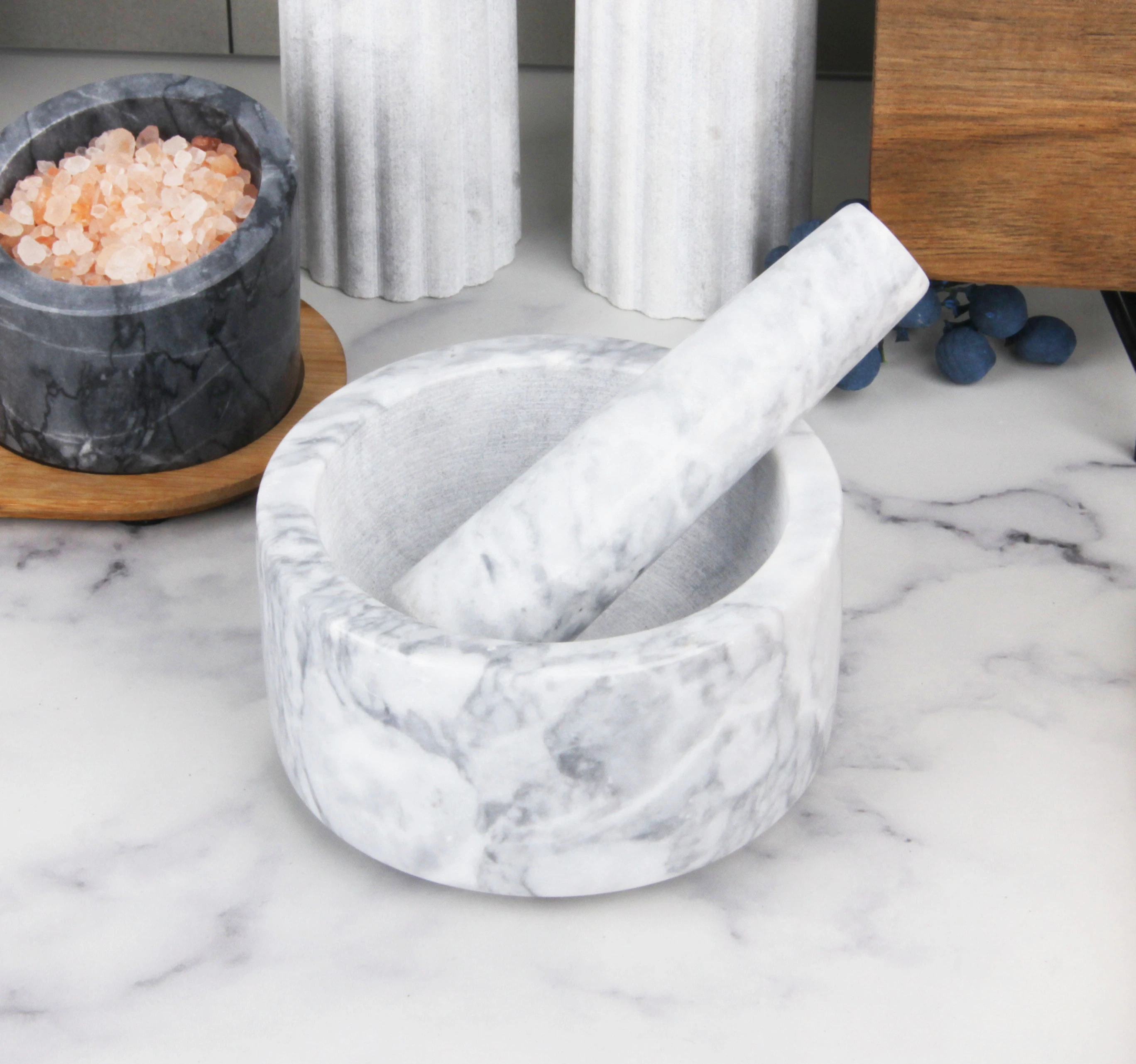 White grey marble mortar and pestle D11.5x6.5cm H