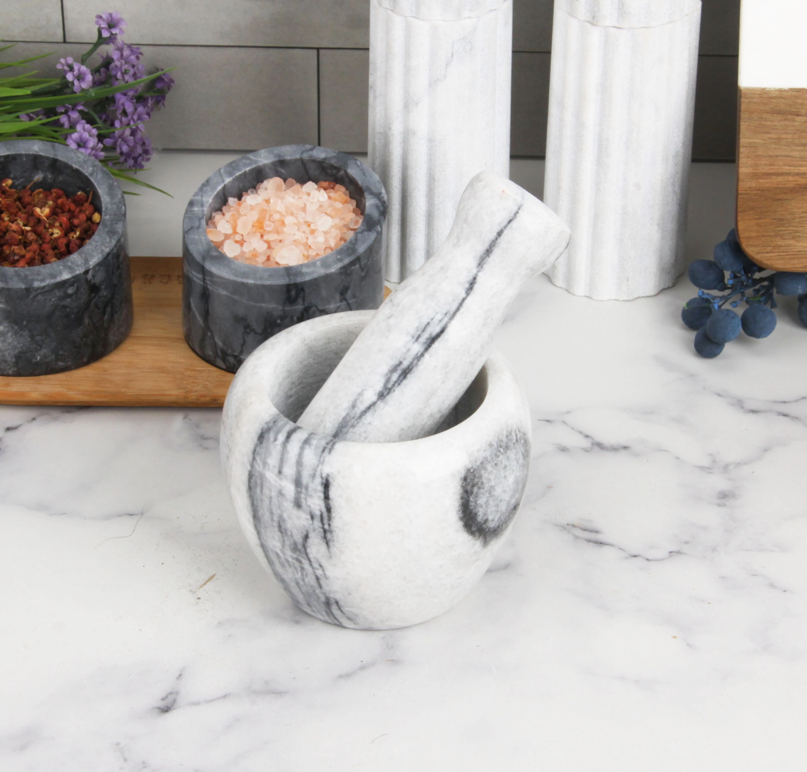 White grey marble mortar and pestle 10x8cm
