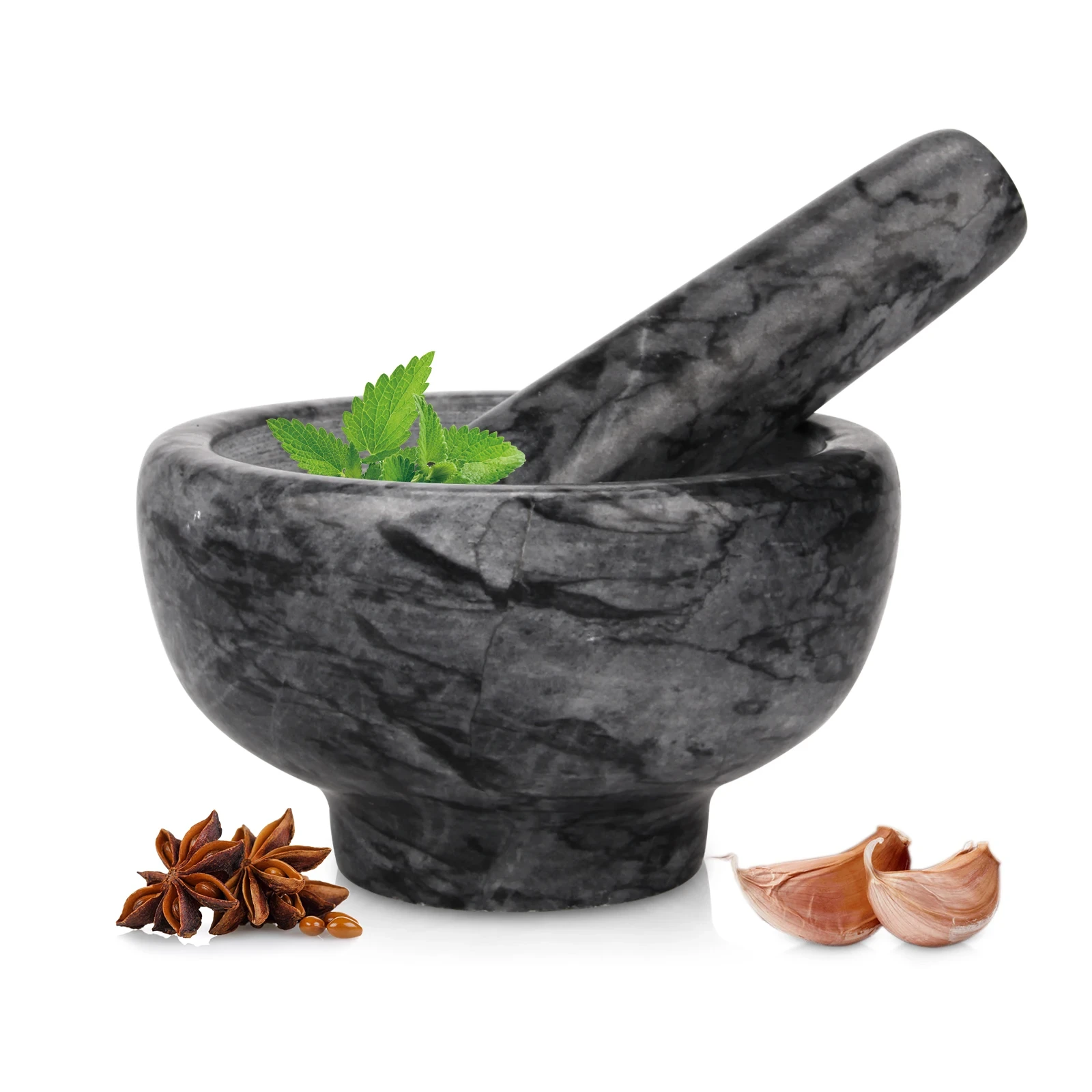 Black grey marble mortar and pestle D11.5x6.5cm H