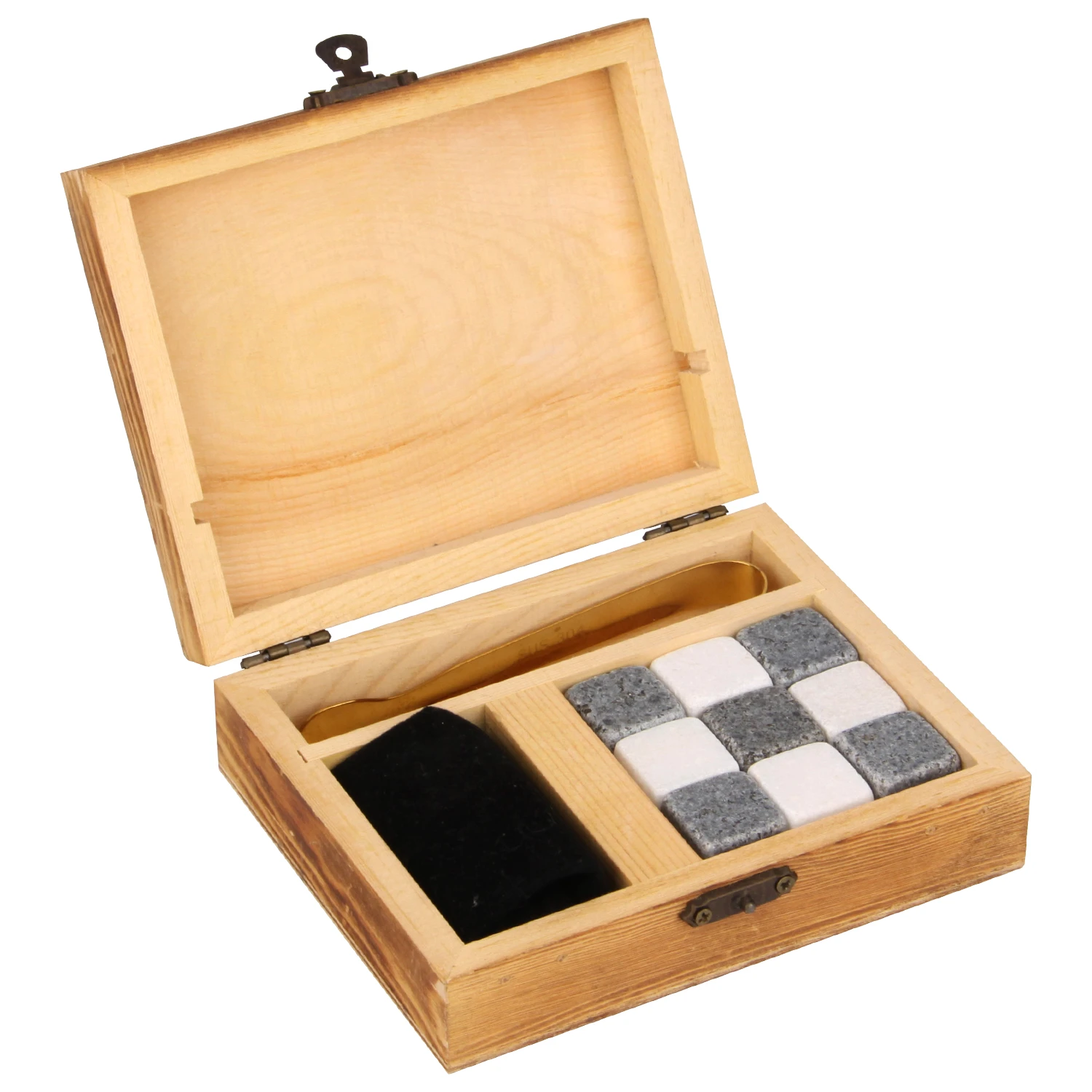 Set of 9 square basalt whisky stone w/ 1pc velvet bag and 1pc ice clip and pine wooden box w/ laser