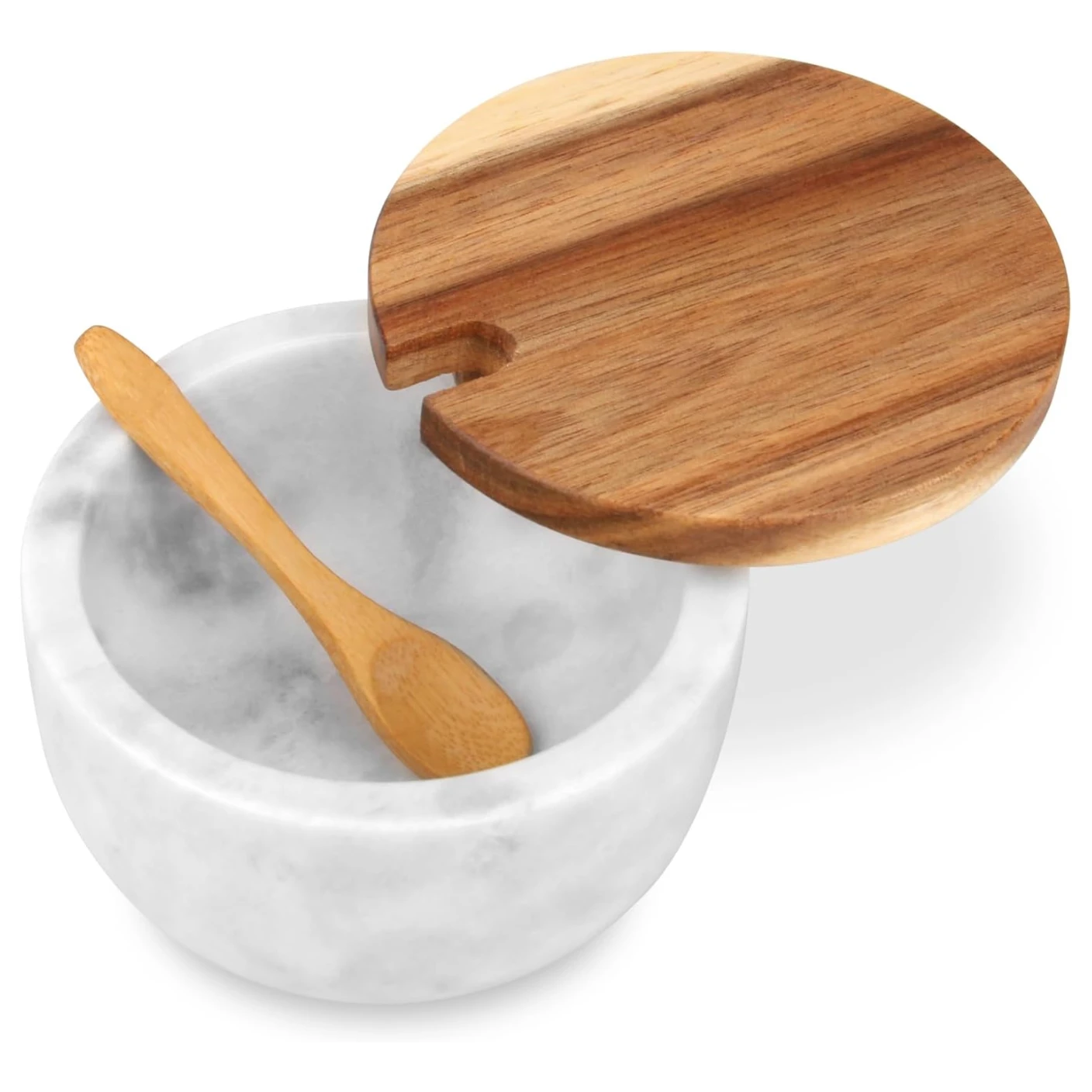 White grey marble salt cellar with  wood lid and wood spoon