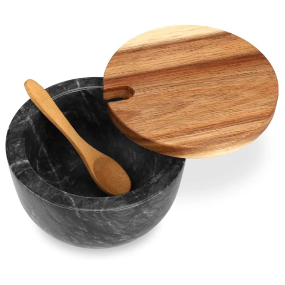 Dark grey marble salt cellar with wood lid and  wood spoon