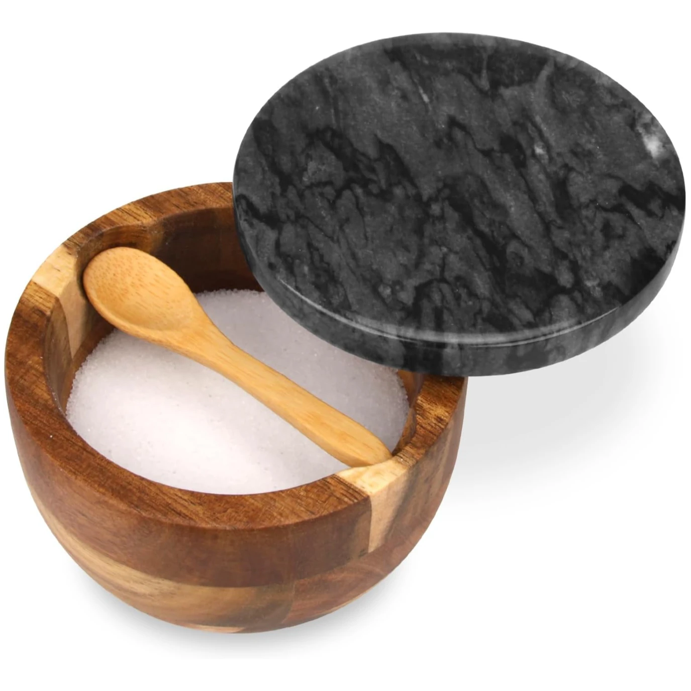 Acacia wood salt cellar with dark grey  marble lid and wood spoon