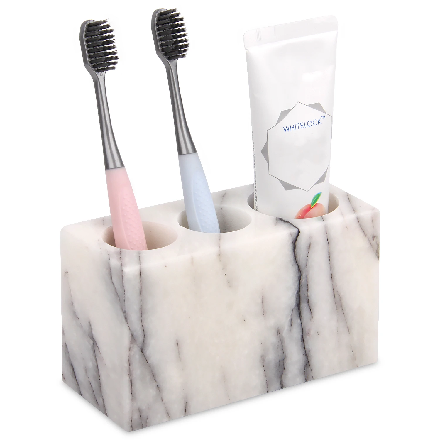Natural Marble Toothbrush Holder 3 Slots, Stone Bathroom Organizer Countertop, Toothbrush and Toothp