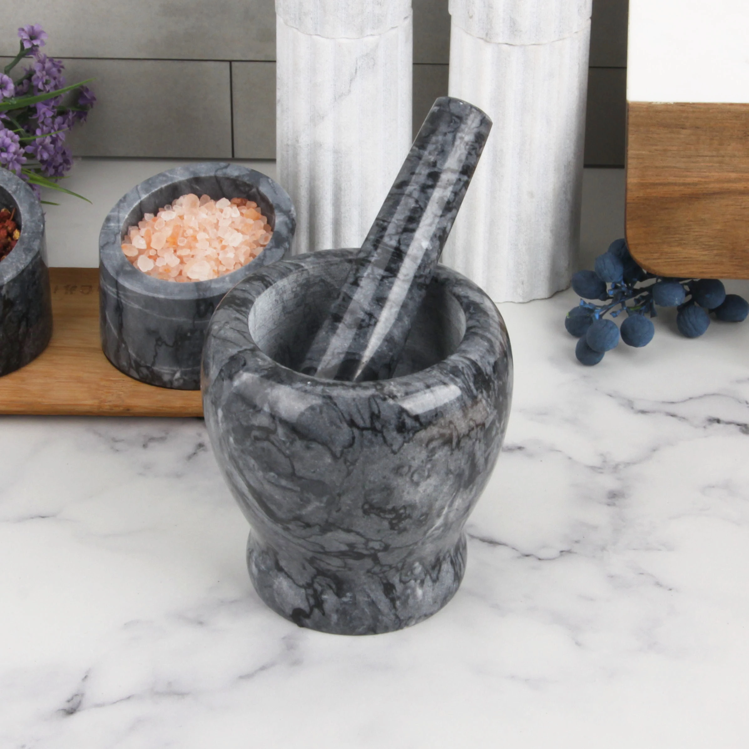 Black grey marble mortar and pestle D10.5x10.5cm H