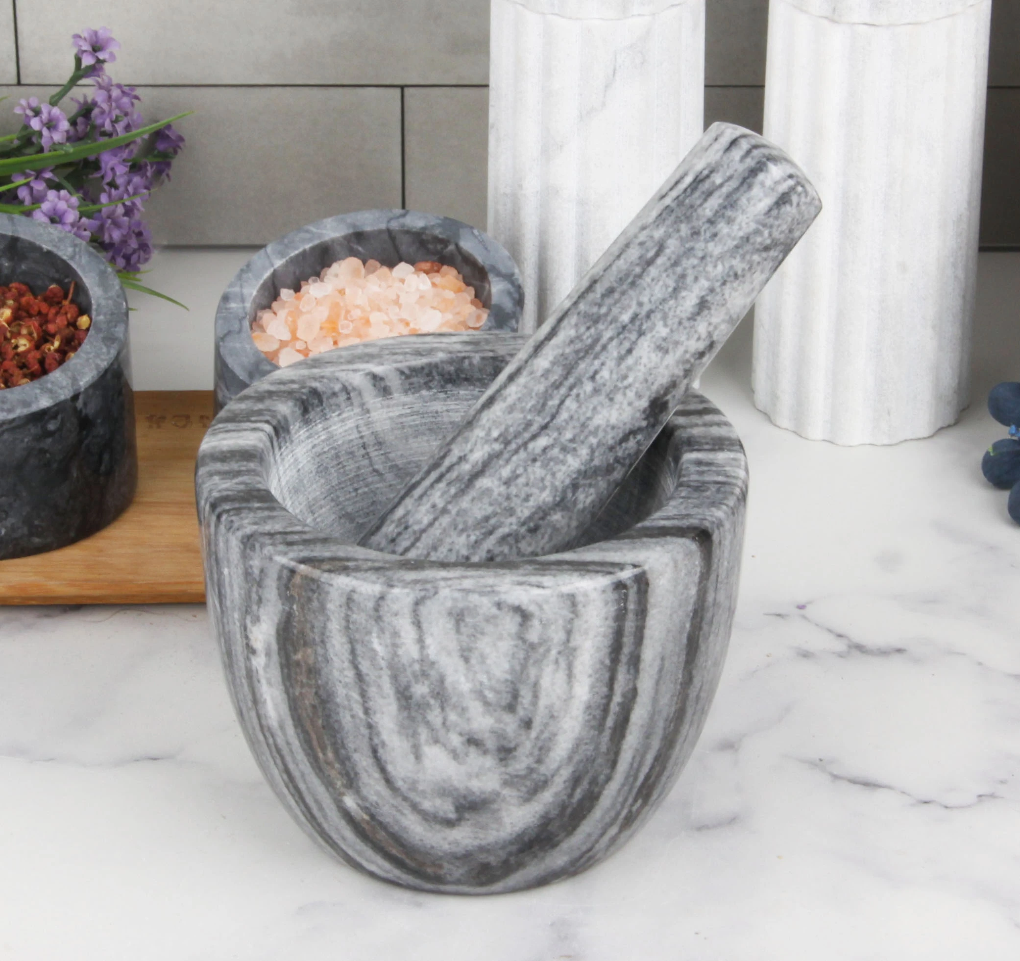 Black grey marble mortar and pestle 12x9cm