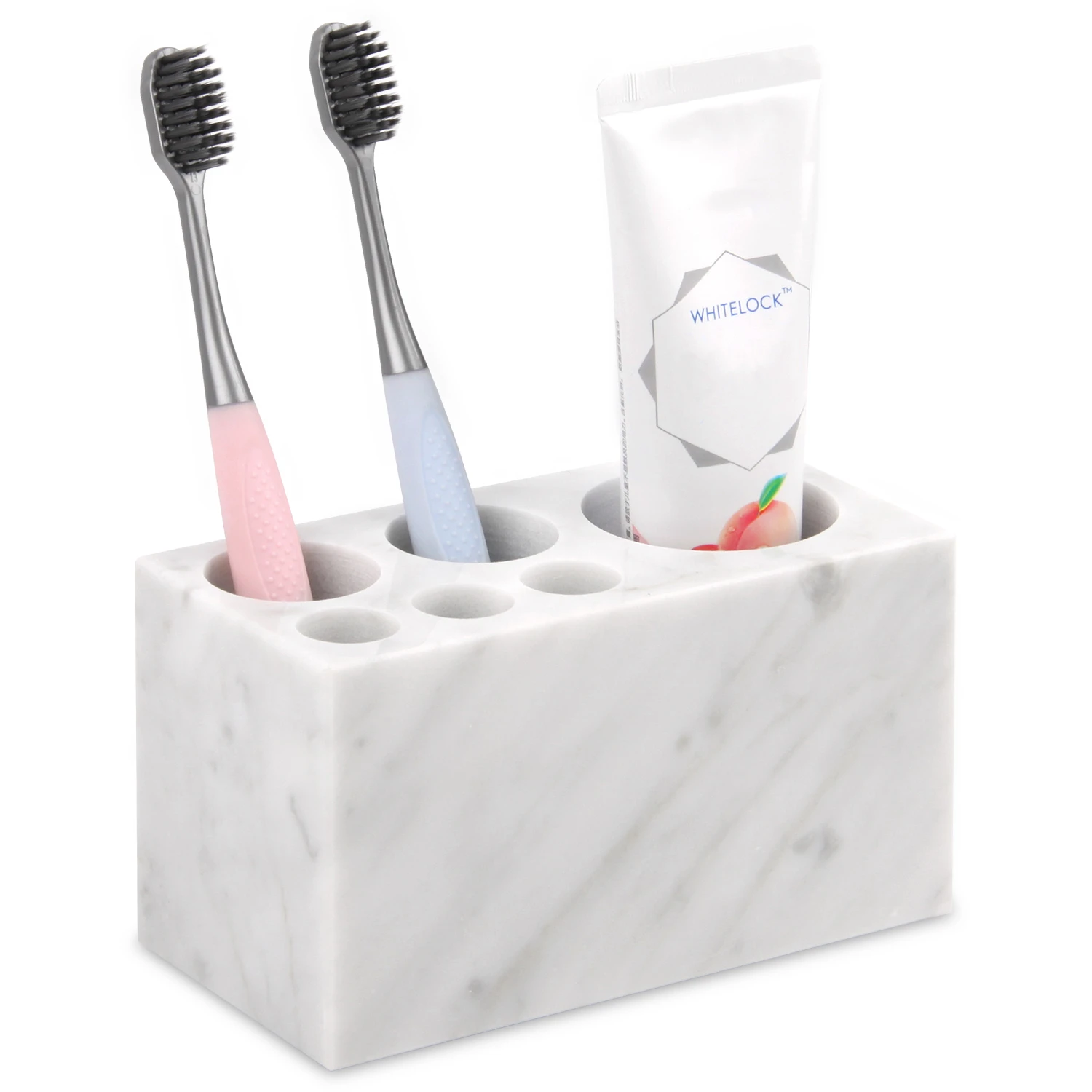 Natural Marble Toothbrush Holder 6 Slots, Large Bathroom Organizer Countertop, Stone Toothbrush and