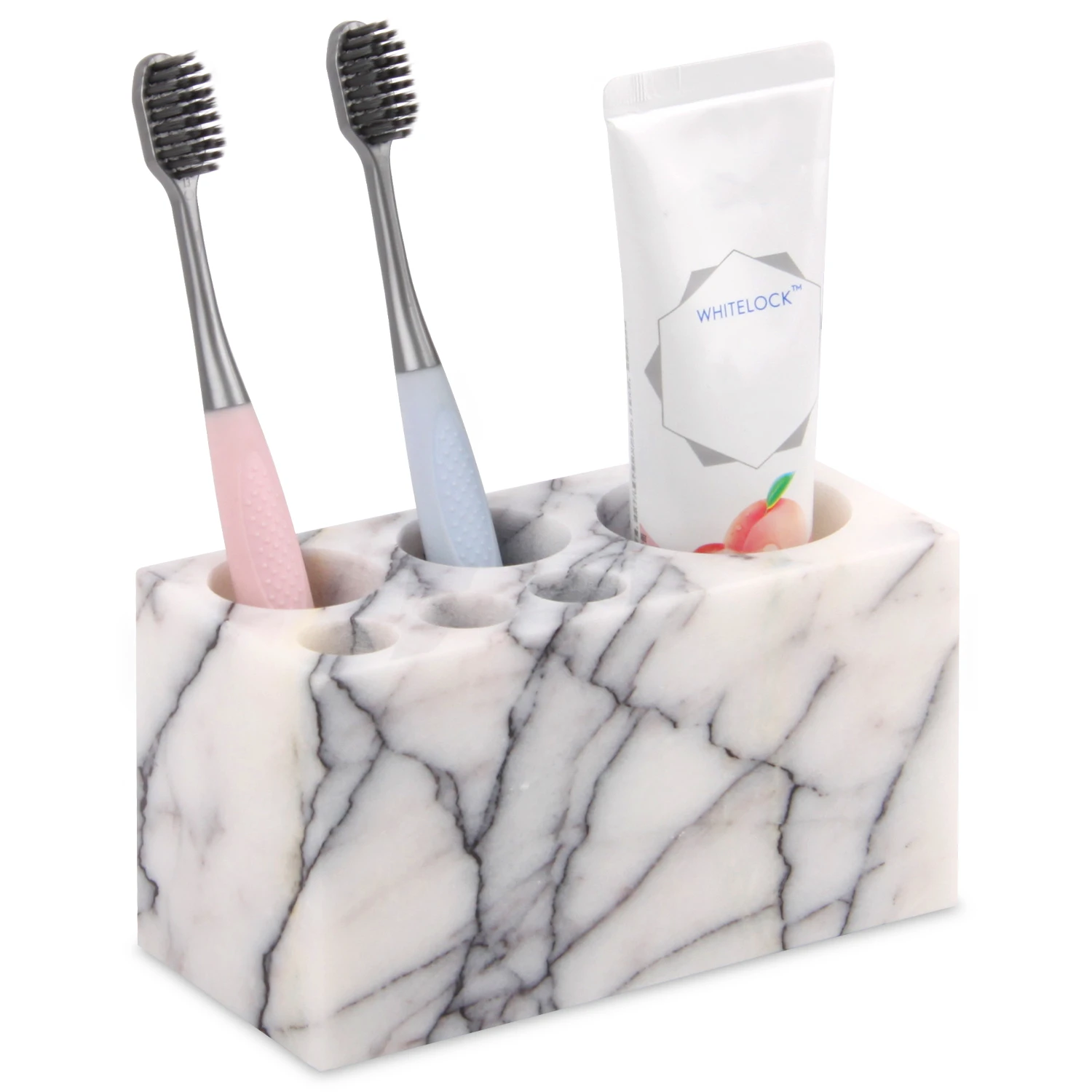 Natural Marble Toothbrush Holder 6 Slots, Large Bathroom Organizer Countertop, Stone Toothbrush and
