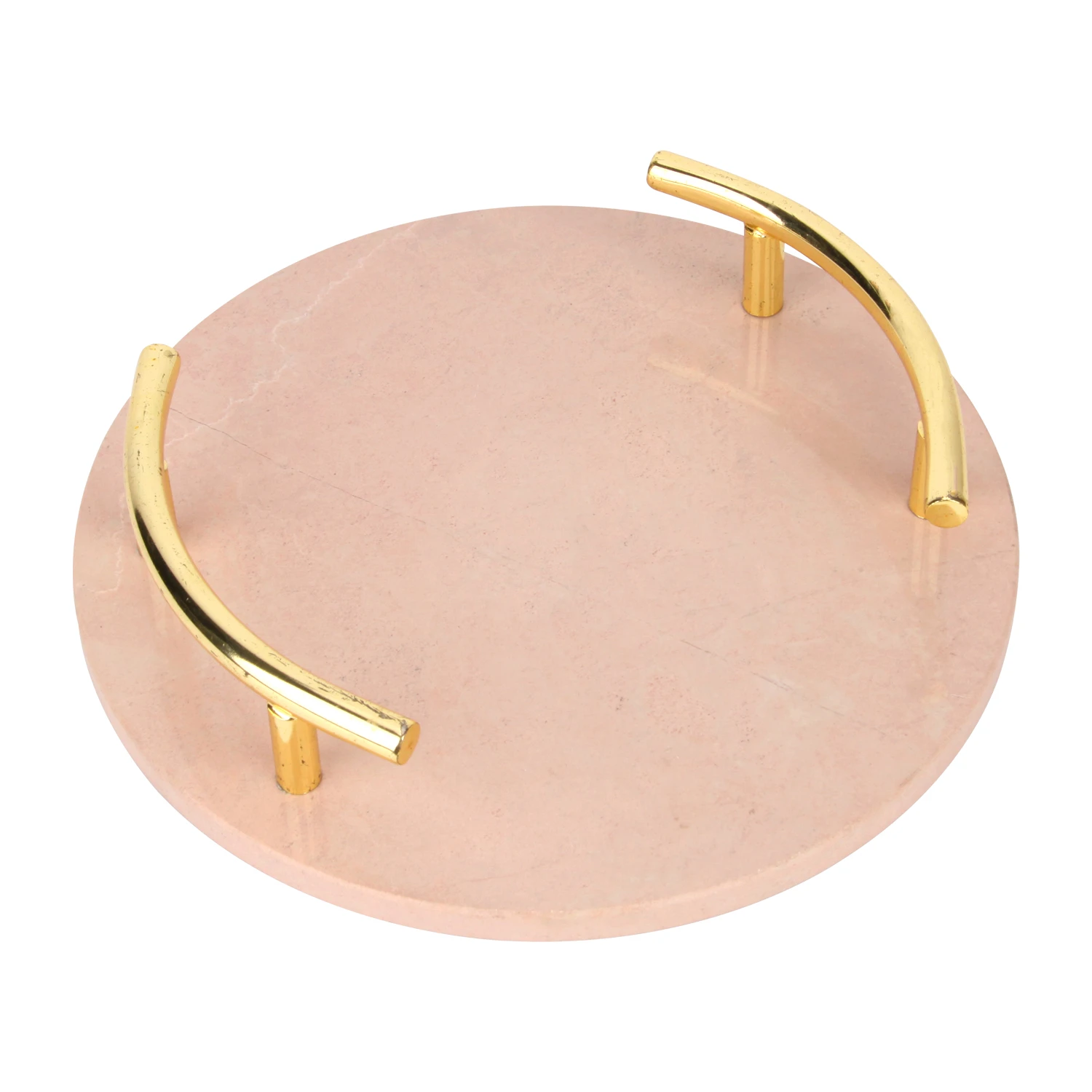 Pink round marble tray with metal  handle