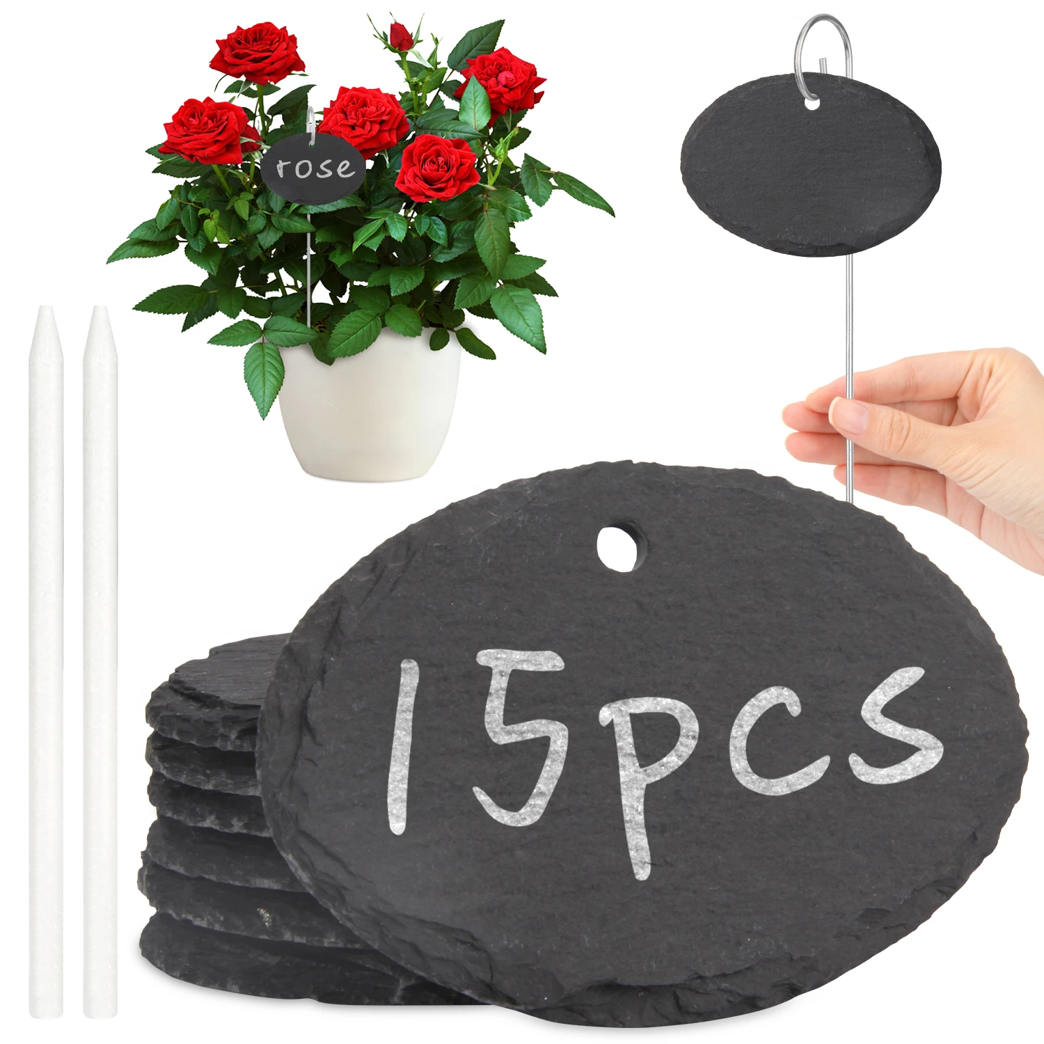15 Pcs Slate Plant Labels with Chalk Pencils Outdoor Garden Marker Label Signs with Stakes for Plant