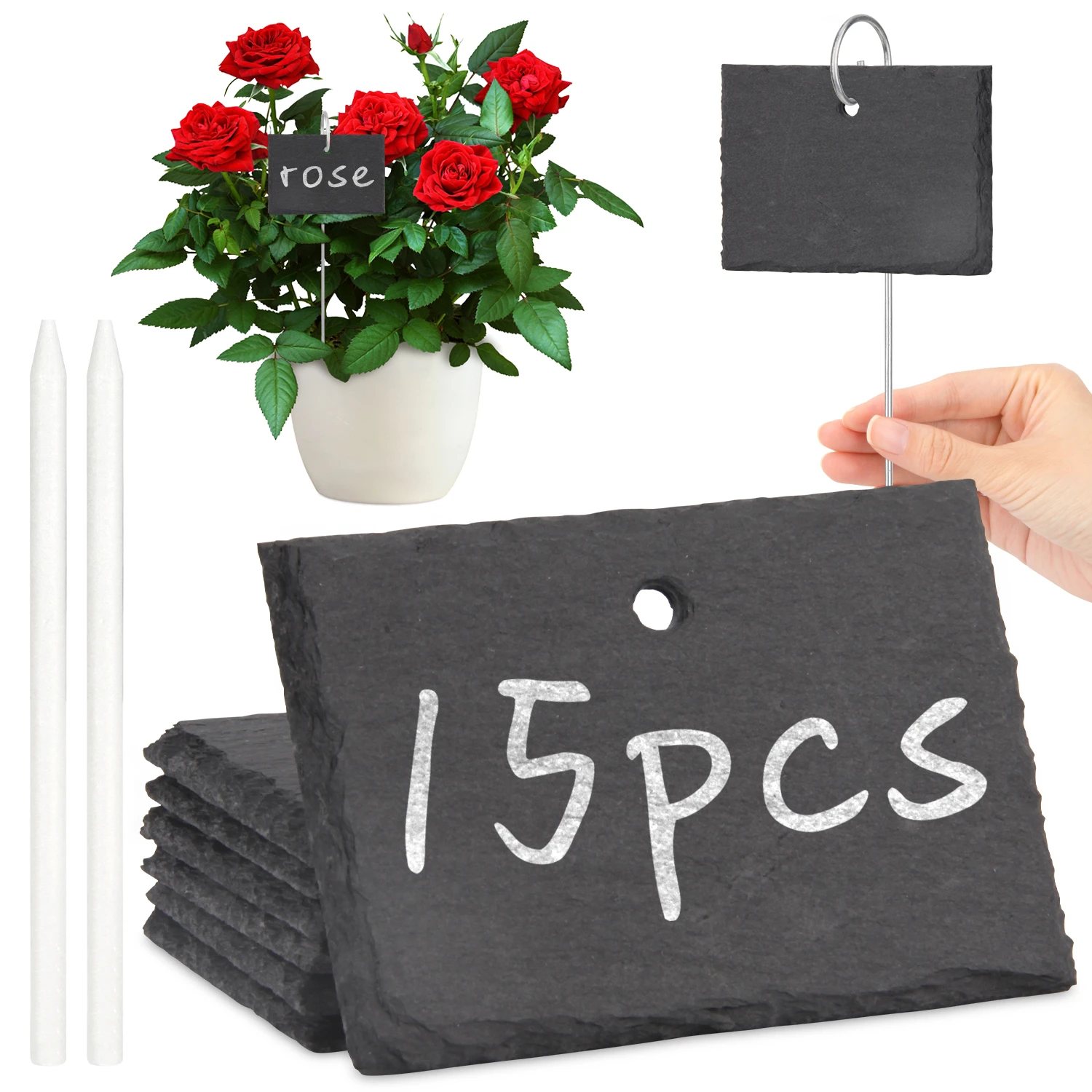 15 Pcs Slate Plant Labels with Chalk Pencils Outdoor Garden Marker Label Signs with Stakes for Plant