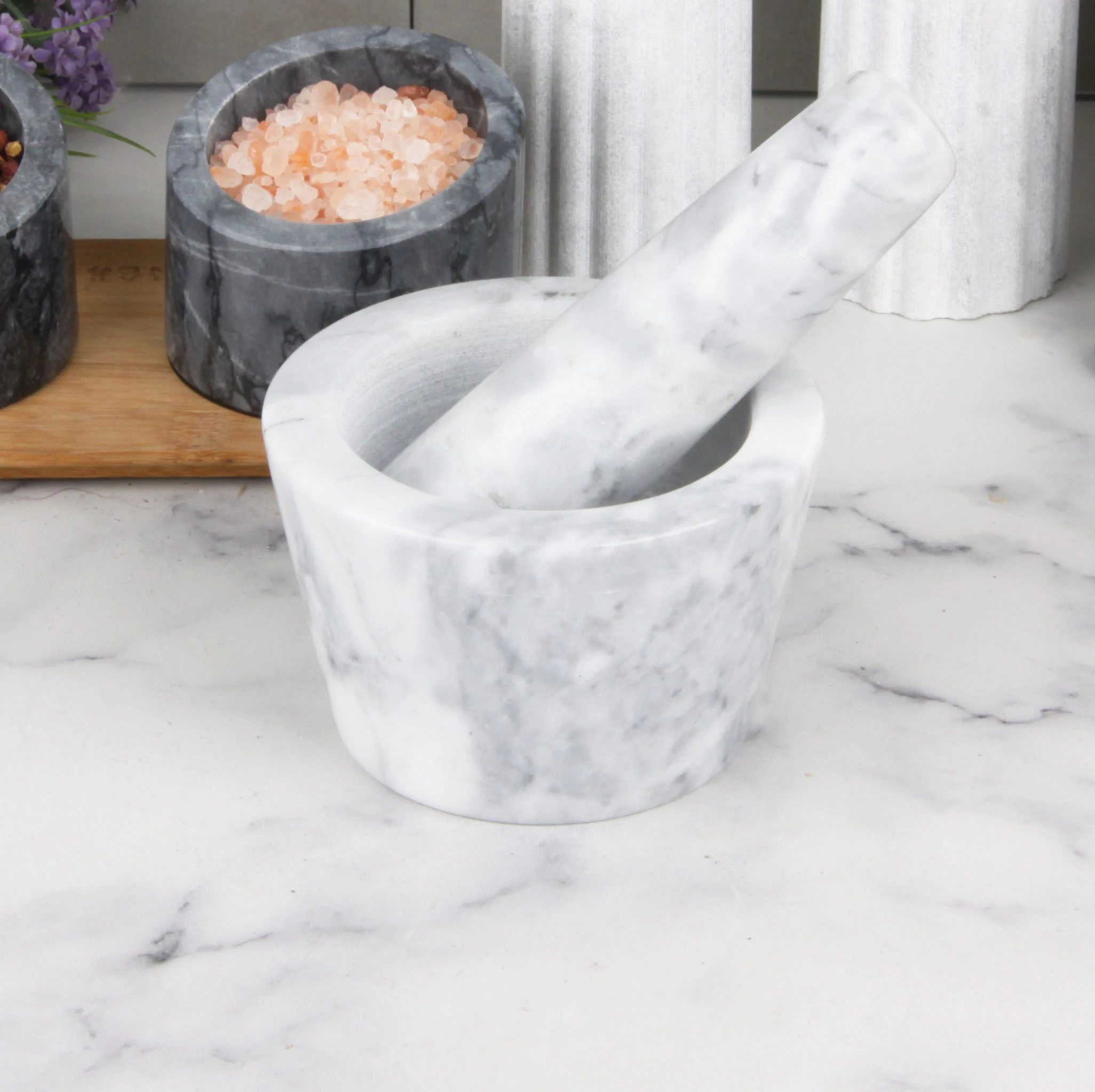 100% Natural Marble Mortar and Pestle Set Heavy Duty Stone Spice Grinder for Kitchen, Garlic Press &