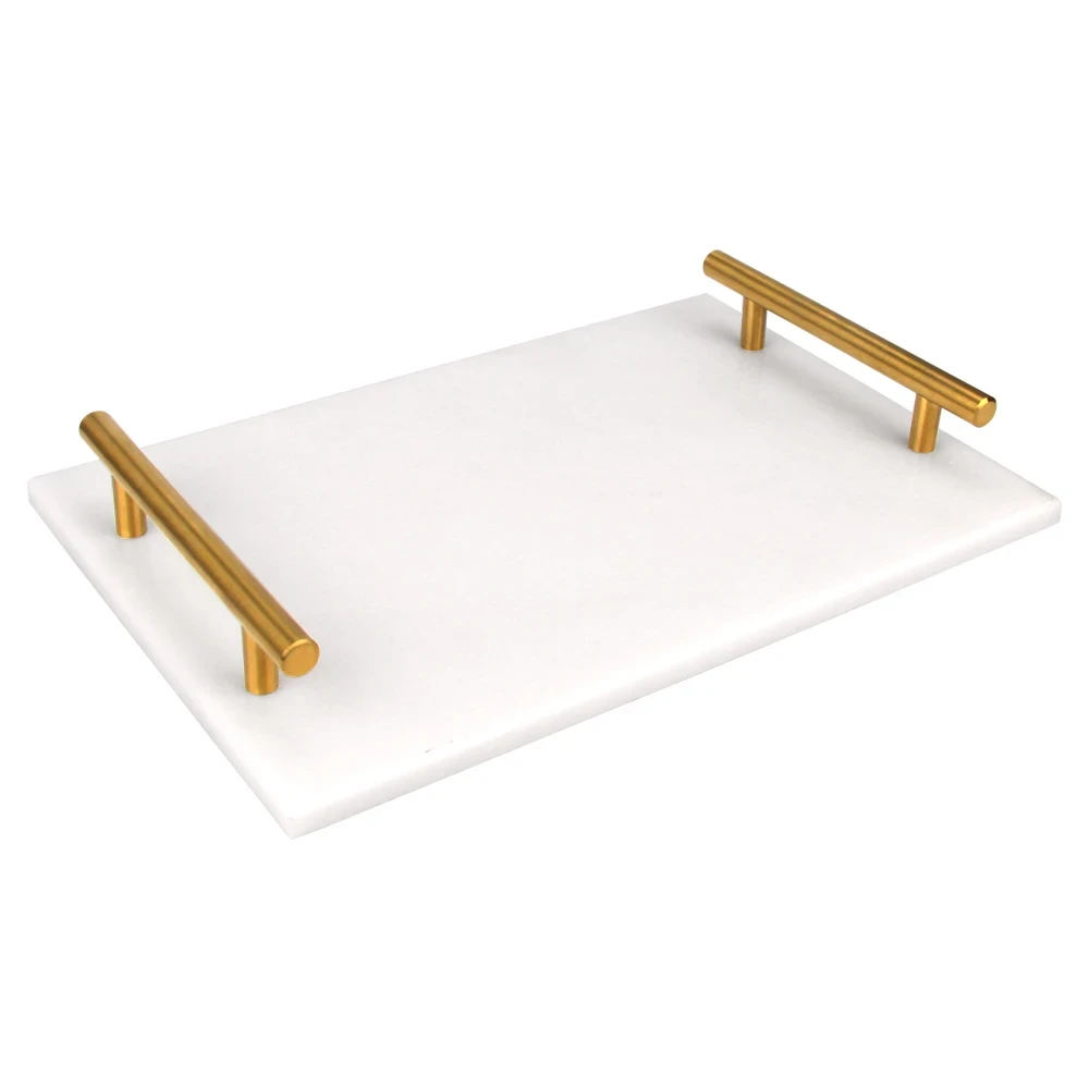 White marble tray with golden metal handles