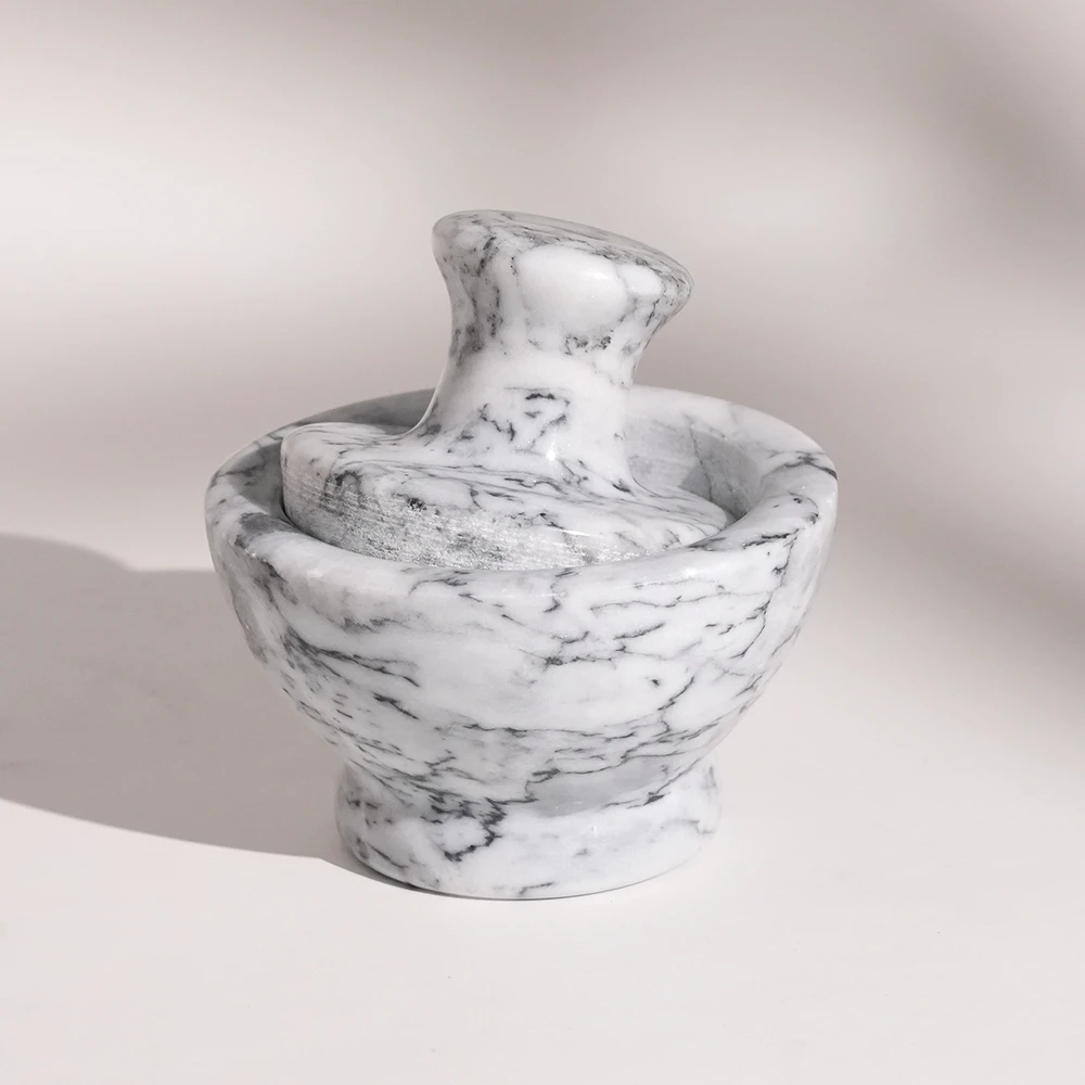 White grey marble mortar and pestle 10x10x10cm