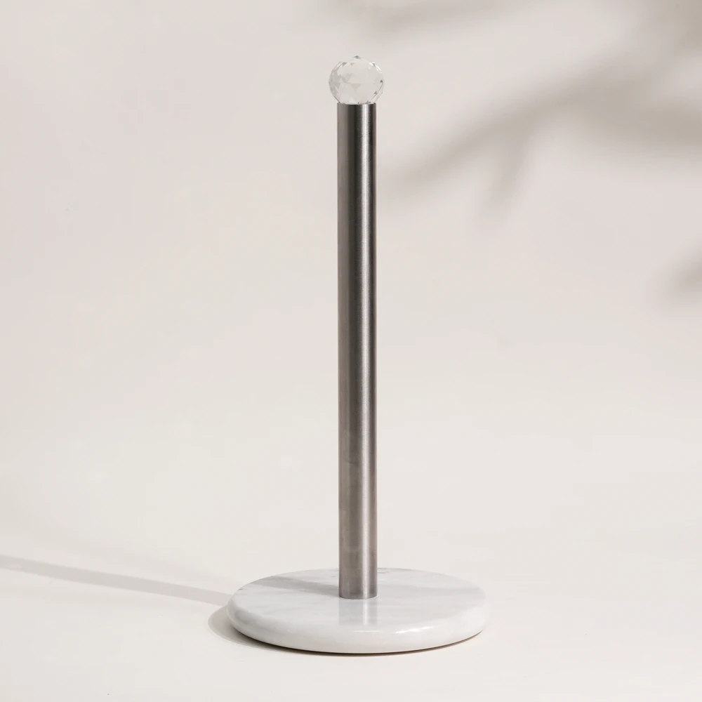 Paper Towel holder with round white grey marble base and silver metal Pole  acrylic top
